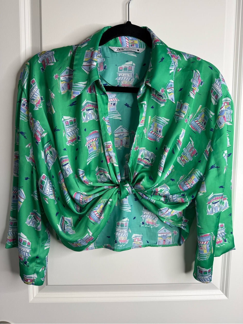 Zara Green City Print Satin Knot Front Blouse XS Vacation Chic